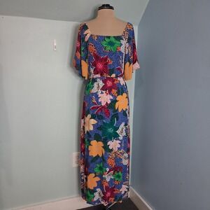 Soft Surroundings Tropical Floral Leopard Print Smocked Maxi Dress Blue Small
